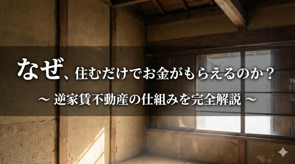 光が差し込む古民家の室内。キャッチコピー「なぜ、住むだけでお金がもらえるのか？〜 逆家賃不動産の仕組みを完全解説 〜」