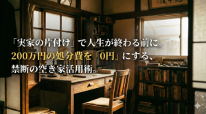 古民家のレトロな書斎の背景。記事タイトル「『実家の片付け』で人生が終わる前に。200万円の処分費を『0円』にする、禁断の空き家活用術。」の文字