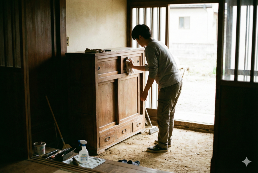 古民家の縁側で古い家具を手入れする若者の後ろ姿。空き家活用によって受け継がれる暮らしの風景