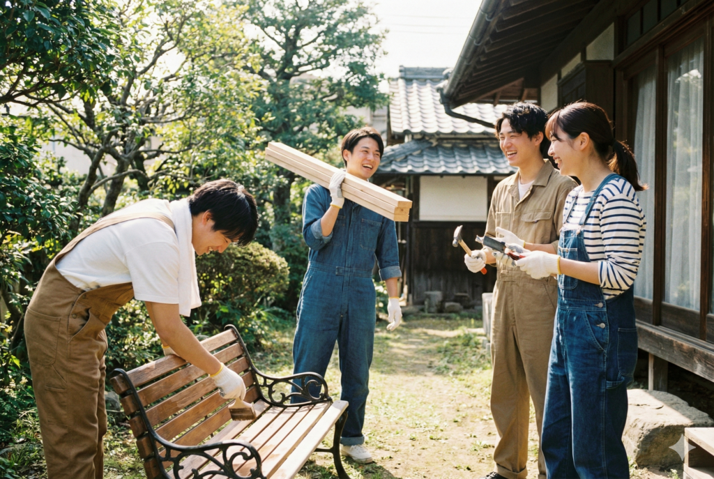 晴れた日の古民家の庭先で、おしゃれな作業着を着た若い男女のグループが、笑い合いながらベンチのペンキ塗りや資材運びなどDIY作業を楽しんでいる様子