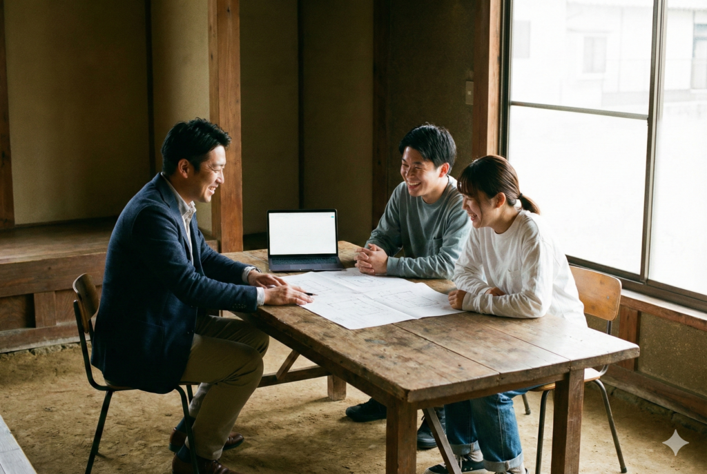 古民家のリノベーションされた土間オフィスで、不動産のプロと入居希望者のカップルが図面を見ながら笑顔で打ち合わせをしている様子