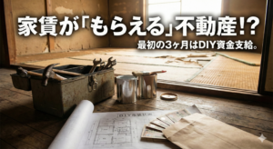 逆家賃不動産のイメージ画像。古民家の床に置かれたDIY工具、図面、そして支給された資金（現金）。「家賃がもらえる」という常識破りの仕組みと、そこから始まるリノベーション生活を表現。