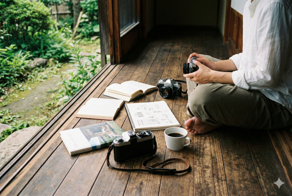 古民家の縁側で、ヴィンテージカメラや本に囲まれてリラックスしている人の手元の写真。お金の束縛から解放された豊かな時間のイメージ