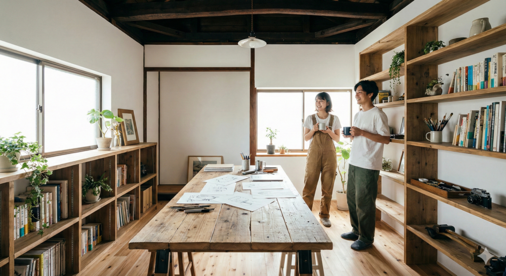 DIY資金を使って改装された古民家の内装イメージ。ボロボロだった空き家が、支給されたお金を活用して、おしゃれなアトリエや快適なクリエイティブ空間に生まれ変わっている様子。