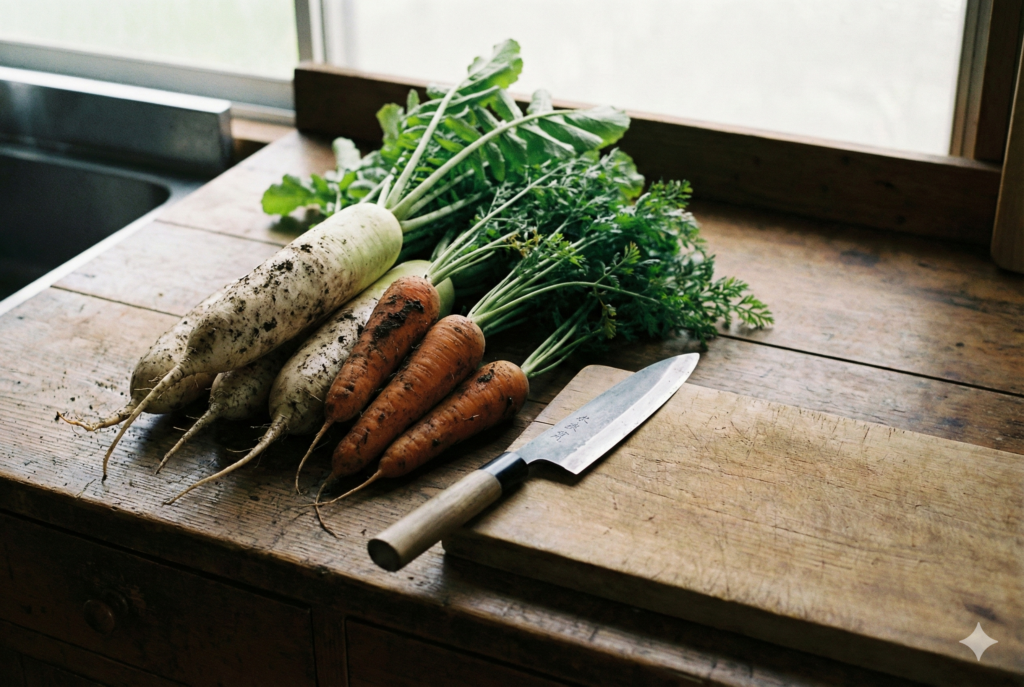 古民家の木のキッチンカウンターに置かれた、泥付きの大根や人参などの採れたて野菜と、使い込まれた包丁とまな板