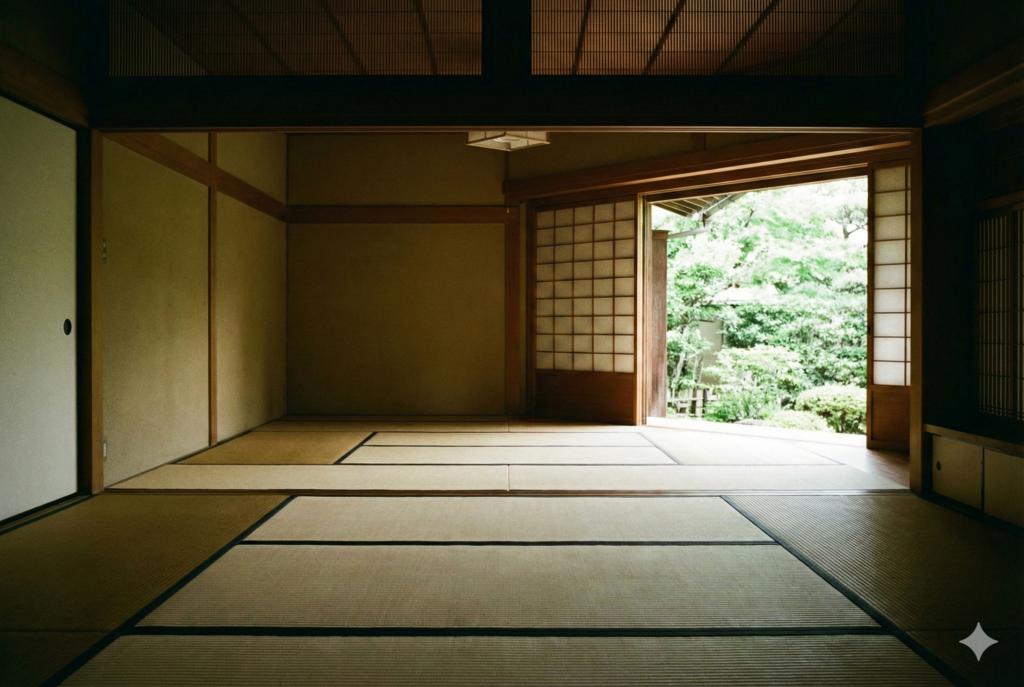 古民家の何も置かれていない広い和室から、縁側越しに緑豊かな庭を望む、静寂で自由な空間の風景