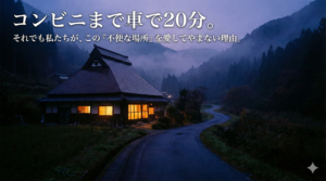 夕暮れの山間に佇む古民家の写真。記事タイトル「コンビニまで車で20分。それでも私たちが、この『不便な場所』を愛してやまない理由。」の文字