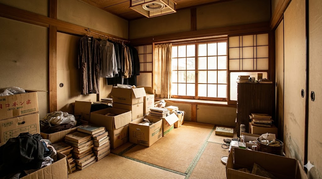 生活用品や段ボールがそのまま残された空き家の和室。片付け不要で現状引き渡し可能な状態を示す、生活感のある室内の様子。