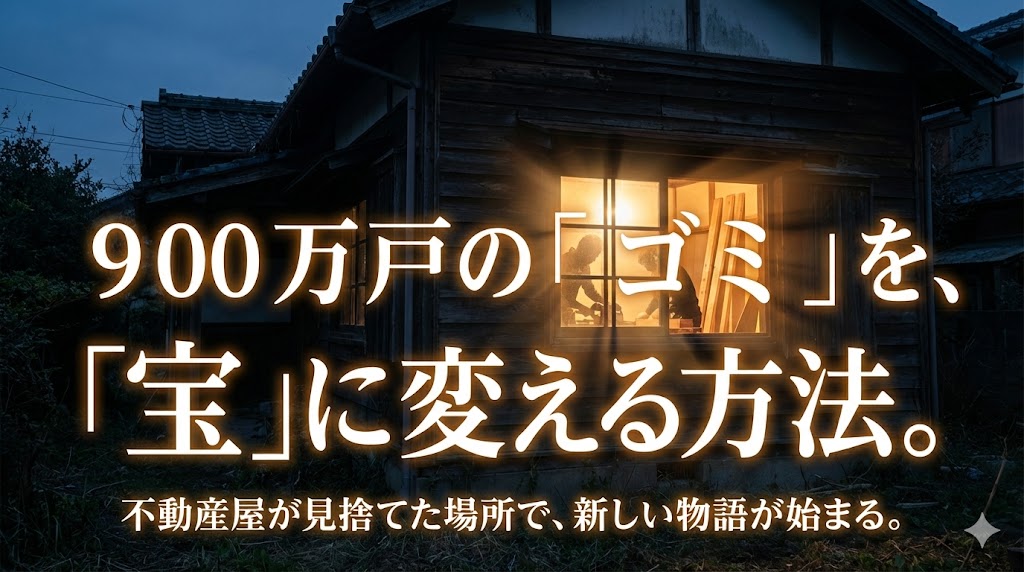 薄暗く朽ちかけた空き家の写真の上に、楽しそうにリノベーション計画を立てる若者たちの明るい写真が重なっているデザイン。「900万戸の『ゴミ』を、『宝』に変える方法。」というタイトル文字が中央に入っており、不動産業界に見捨てられた空き家が、新しい価値ある場所に生まれ変わる様子を表現したブログ記事のアイキャッチ画像。