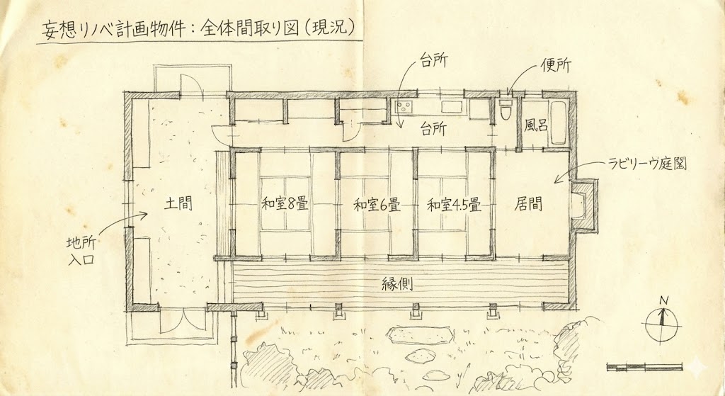 妄想リノベーションの舞台となる、築古民家の全体手書き間取り図。広い土間、続き間の和室、長い縁側などが描かれた現況の平面図スケッチ。