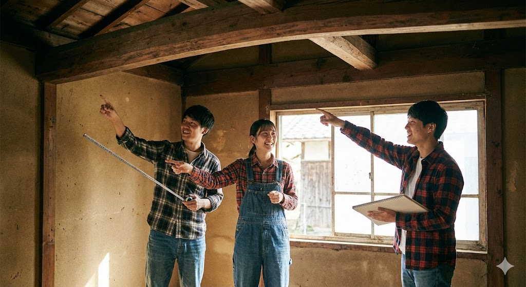 古民家の室内で、楽しそうに指をさしながら改装の相談をしている若い男女3人。古い家を資源として活用しようとするクリエイターたちの様子。