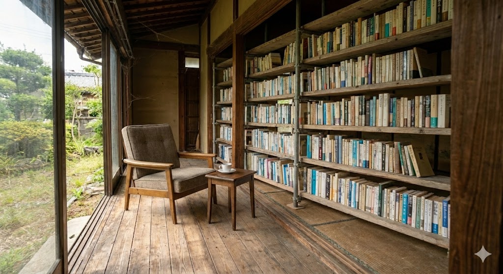 リノベーション後の妄想完成図。壁一面にDIYされた本棚と、日当たりの良い場所にヴィンテージチェアが置かれた静かな読書空間。