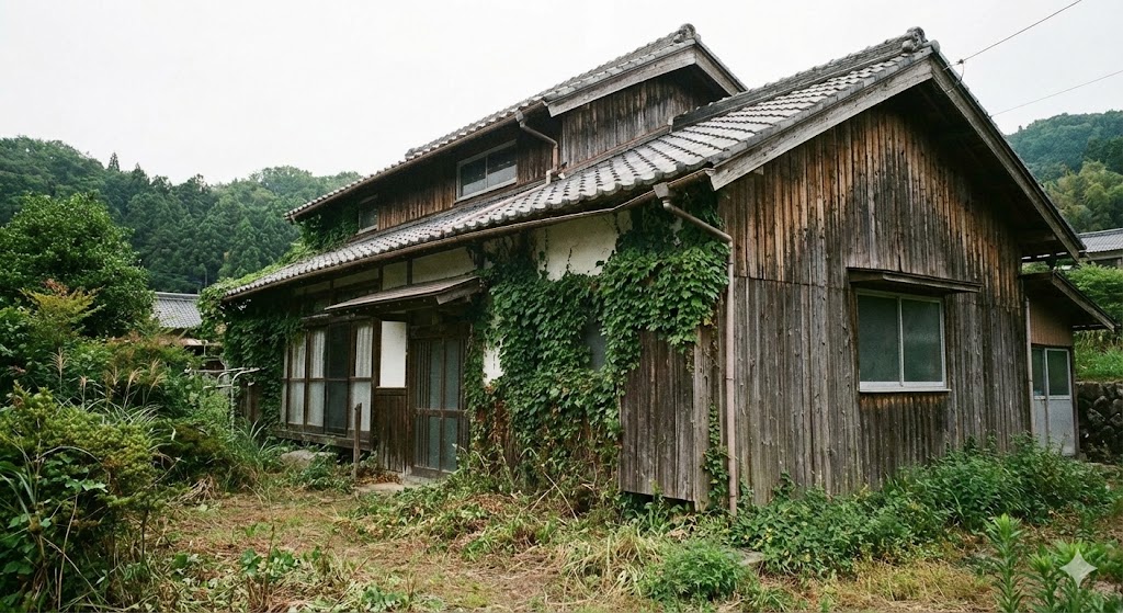 草木が伸び放題になり、壁が朽ちかけている日本の古い空き家の外観写真。放置された「負動産」の現状を示す様子。