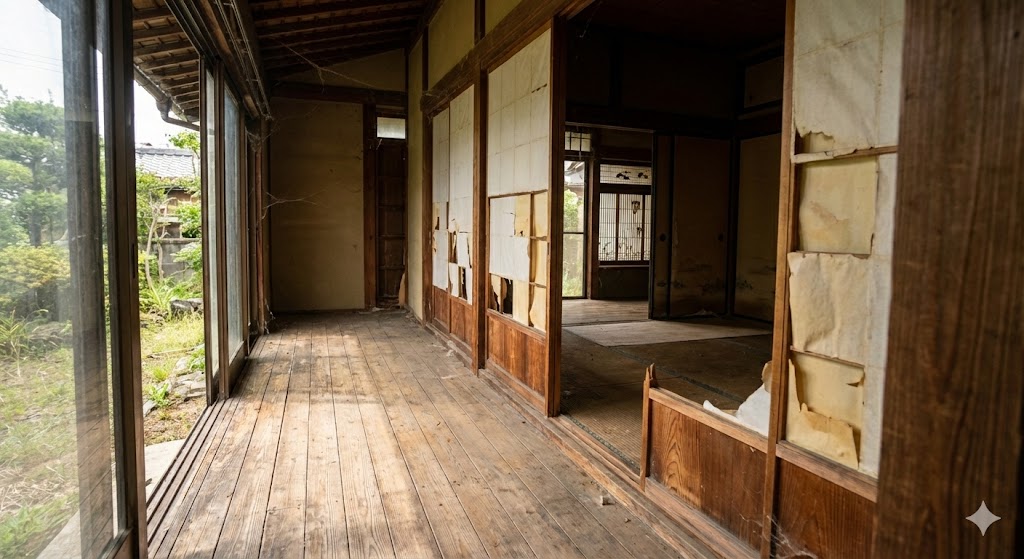 リノベーション前の縁側。障子が破れ、床板が日焼けしている古い状態の様子。