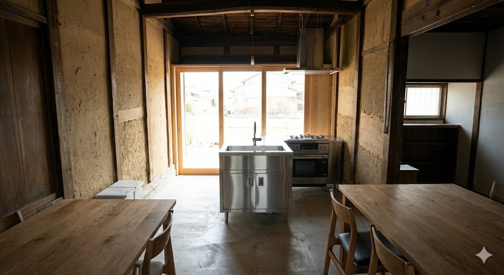 リノベーション後の妄想完成図。壁を取り払って明るくなった土間に、ステンレス製の業務用キッチンが配置されたおしゃれなカフェ風空間。