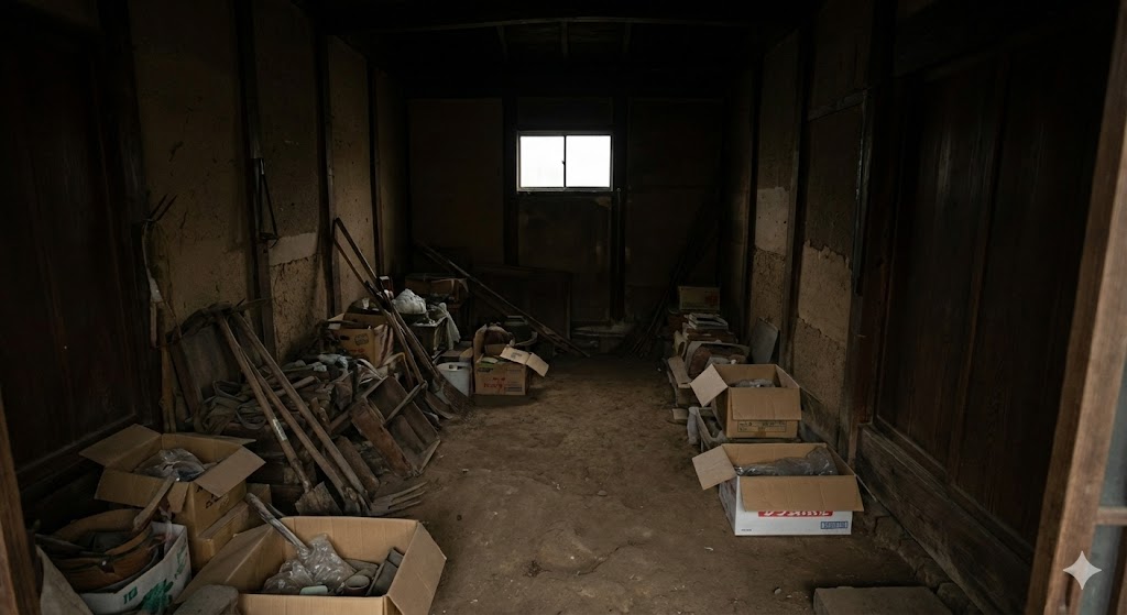 リノベーション前の古民家の土間。薄暗く、物置として使われている現状の様子。