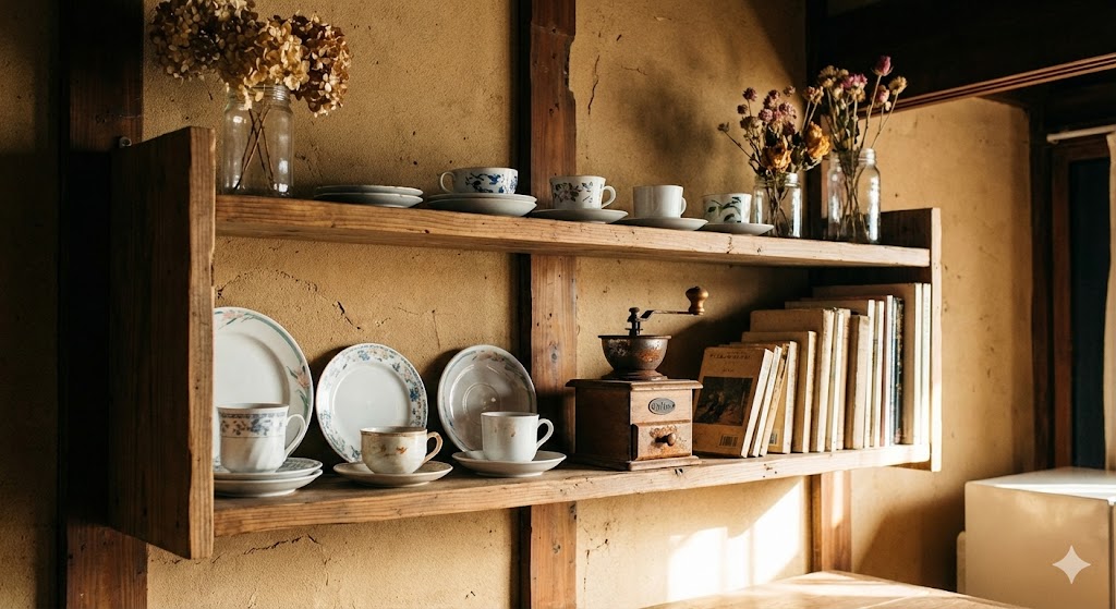 古民家の土壁に取り付けられた使い込まれた木の棚。前の住人が残した昭和レトロな食器や錆びたコーヒーミル、古本などがセンスよく飾られている、残置物を活用したインテリアの実例。