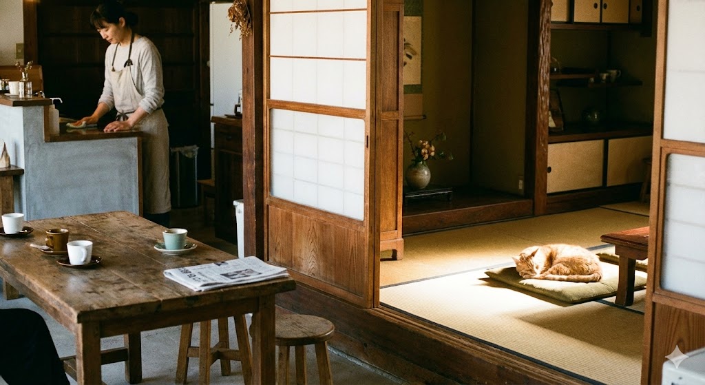 古民家カフェの客席スペースから奥の畳リビングが見える構図。店主が開店準備をする傍らで猫が気持ちよさそうに昼寝をしている、職住一体の穏やかな暮らしの風景。