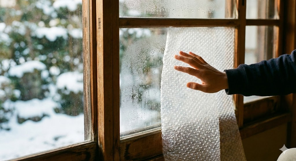 古民家の古い木の窓ガラスに、断熱効果のある気泡緩衝材（プチプチ）を水貼りしている手元の様子。窓の外には雪景色が見える。