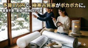 雪景色の見える古民家で、カップルが楽しそうに断熱DIYの準備をしている様子。石油ストーブの横にプチプチや銀マット、隙間テープが置かれている。「予算1万円で、極寒古民家がポカポカに。業者不要！最強の断熱DIY 3選」という文字が入ったアイキャッチ画像。