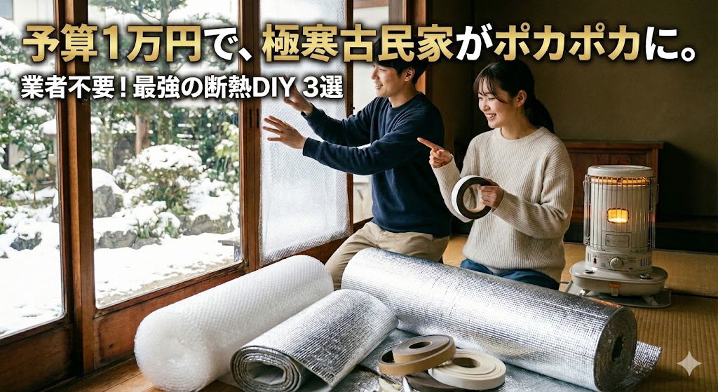 雪景色の見える古民家で、カップルが楽しそうに断熱DIYの準備をしている様子。石油ストーブの横にプチプチや銀マット、隙間テープが置かれている。「予算1万円で、極寒古民家がポカポカに。業者不要！最強の断熱DIY 3選」という文字が入ったアイキャッチ画像。